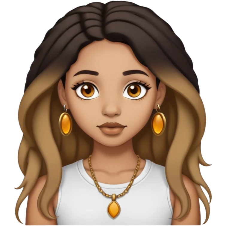 Lightskin girl with dark blackish brown hair with dark honey blonde ends. Dark brown eyes with a septum piercing in the nose and nose ring piercing on right side  emoji