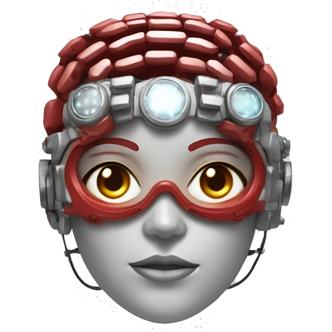 Red skin female cyborg head with silver goggles, silver circuits emoji