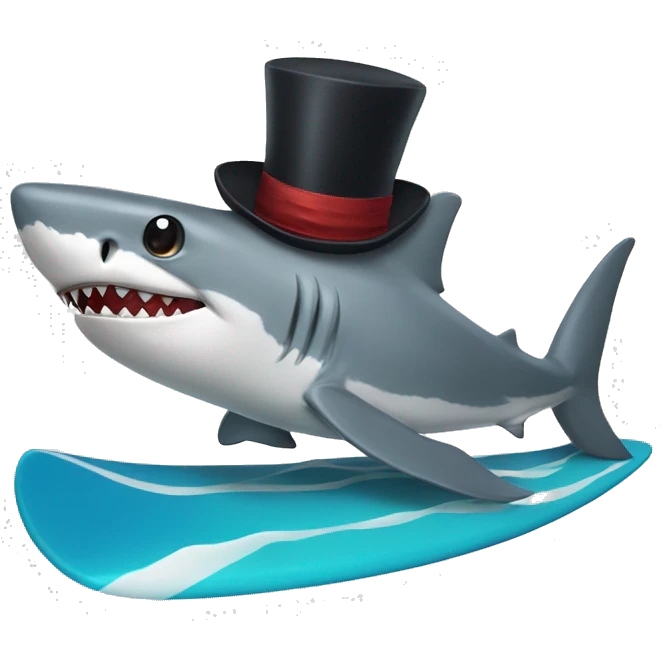 Shark T-Tex with a top hat on a surfboard emoji