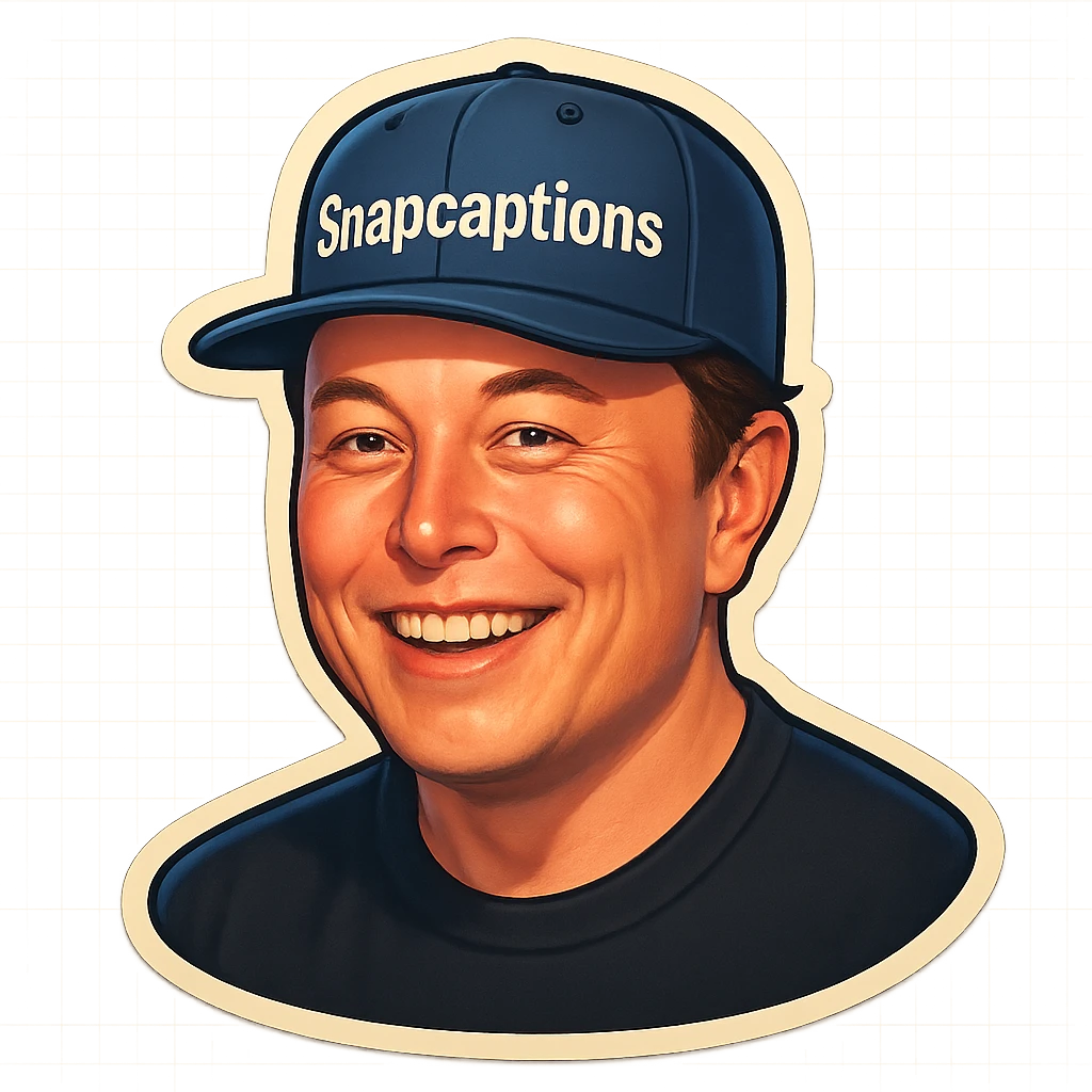 sticker of Elon Musk wearing a baseball cap with the name 'Snapcaptions', retro sticker style, playful and bold emoji