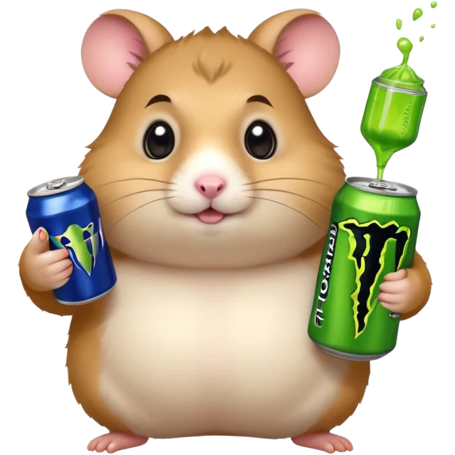 Funny cartoon-style fat hamster with big wide eyes  holding a can of monster energy in one hand and redbull in the other hand emoji