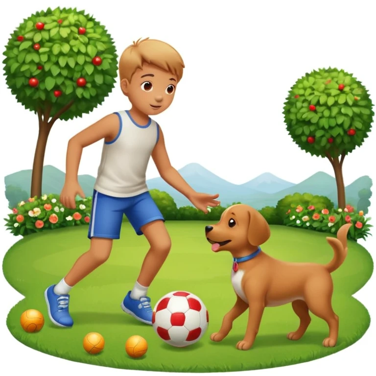 kid and dog playing with ball, garden background emoji