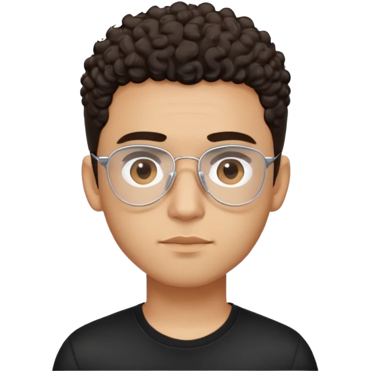 Latino man with light brown complexion, small face and prominent forehead, teardrop-shaped aviator glasses, totally shaved sides with very minimal dark curly hair only on top, gentle expression, simple black t-shirt emoji