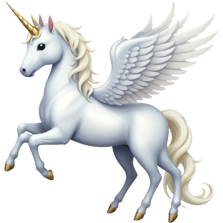 All white Cinematic Noble Unicorn with wings, slender with a flowing mane and tail and spiraled horn emoji