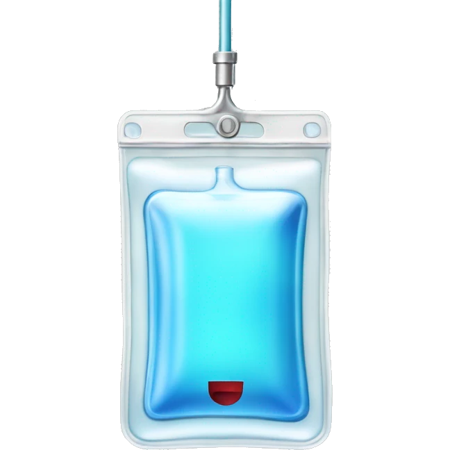 Rectangular transparent plastic iv bag filled with 500ml of fluid hanging on an iv pole in an intensive care unit  emoji