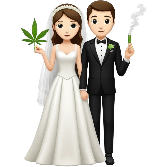 A bride in white wedding dress and groom in tuxedo, full body, sharing a cannabis joint, wedding couple emoji
