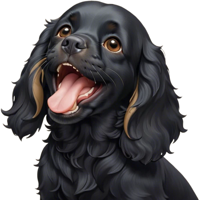 Cinematic Cute Yawning Black Cocker Spaniel Portrait Emoji, Head tilted slightly with a dramatic, wide-open yawn, showcasing a sleek black coat with subtle tan highlights, floppy ears slightly drooping, round dark eyes barely open in drowsy contentment, Simplified yet irresistibly adorable features, highly detailed, glowing with a soft, cozy glow, high shine, relaxed yet expressive, stylized with a touch of whimsy, bright and endearing, soft glowing outline, capturing the essence of a sleepy yet affectionate companion, so drowsy it feels like it could stretch out of the screen and curl up for a nap! emoji