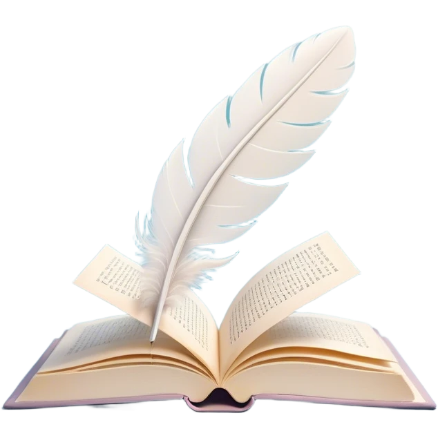 Create a delicate and poetic emoji representing poetry. The design should feature several elegantly flying pages with short poetic columns written on them. The pages should appear light and flowing, almost as if being carried by the wind. Include a white feather gently resting on the pages, symbolizing creativity and inspiration. Use soft, pastel tones to give it a dreamy, artistic feel. The design should feel ethereal and whimsical, capturing the essence of poetry. Make the background transparent. emoji