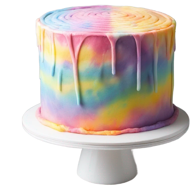 Realistic 5 layered pastel tie dye cake on cake stand with icing tool. emoji