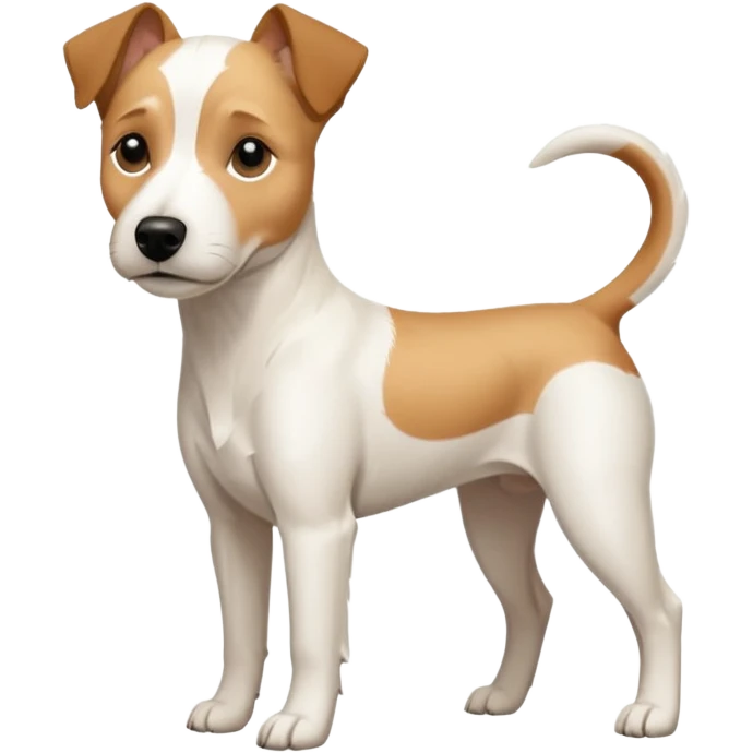 a full body facing front on of a buff white parson russell terrier looking dog the size of a kelpie with light brown long ears resting on its face and a light brown patch above one eye and a large snout. the rest of the dog is completely white.  emoji