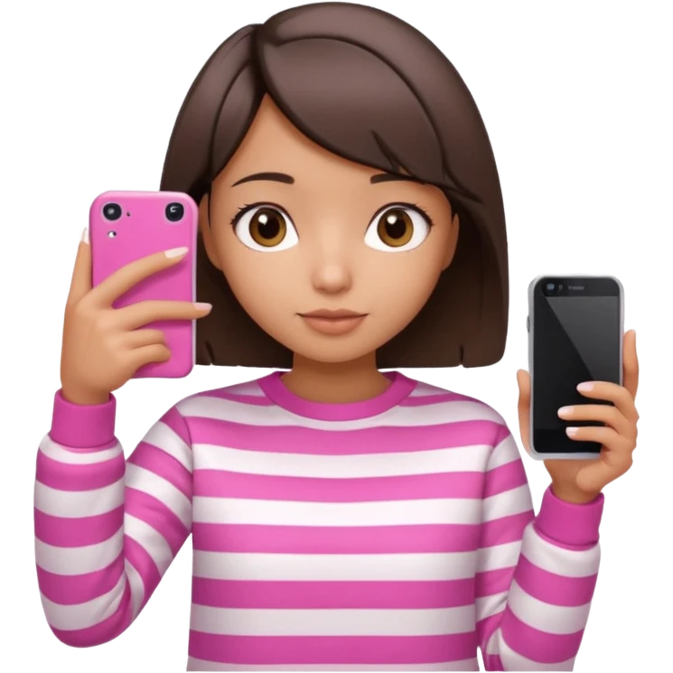 Emoji of a cute 3D girl with short dark brown bob hairstyle, wearing a pink and white striped sweatshirt. She is holding a phone and taking a selfie, white background.

 emoji