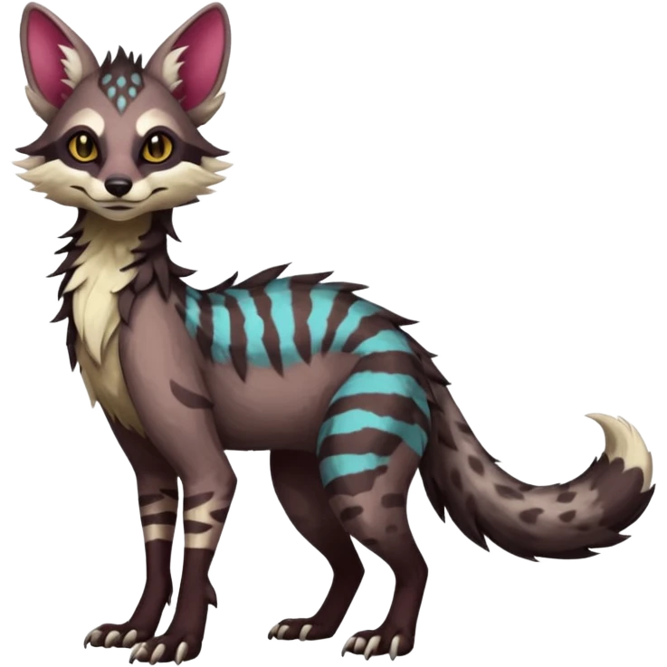 Feral Rare Fantasy dark vibrant Vernid-Sergal-Genet-Trico-species by LiLaiRa, random markings, tufted tail, tufted ears, full body emoji