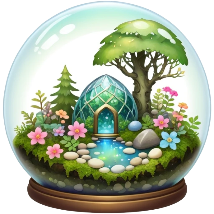 Sparkly shiny iridescent Mystical woodland glass-dome-terrarium-globe with moss inside, with marbles, with pebbles, crystals, with bones inside, and flowers inside  emoji