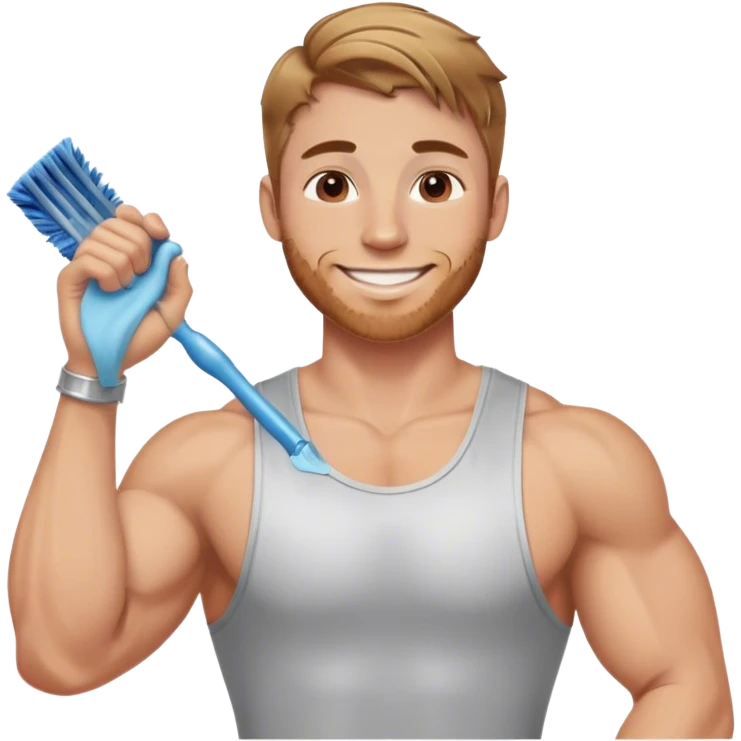 smiling muscular 28 year old man with silver jewelry, with light brown hair that has some blonde and red highlights, and a fauxhawk cleaning emoji