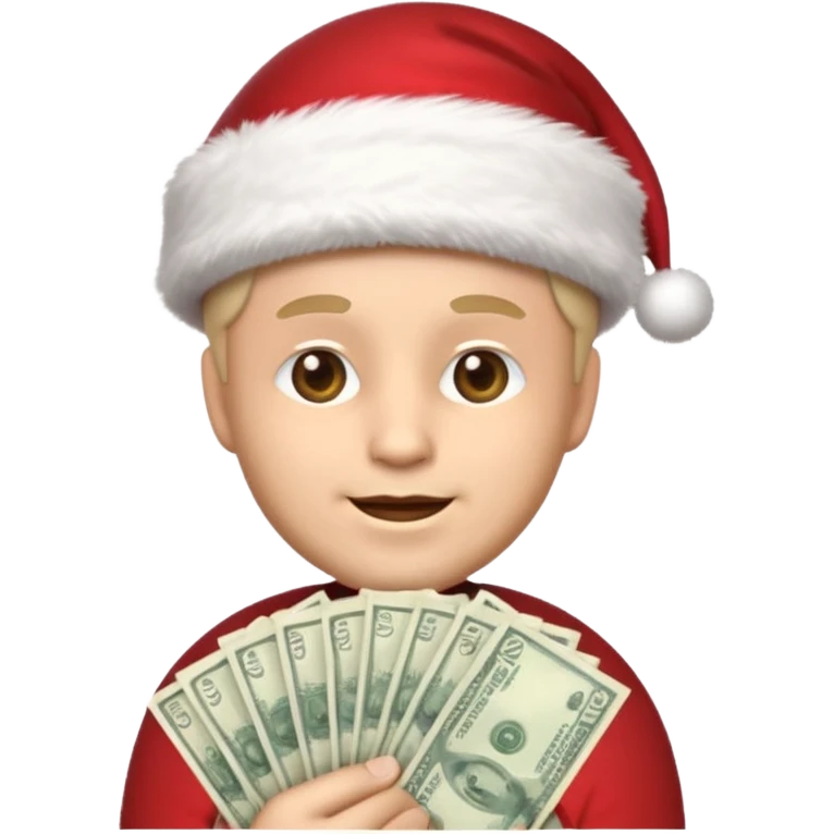 A confident rich emoji face wearing a Santa hat, money stacks, casino vibe, New Year theme, premium 3D emoji style, sharp details, no text, isolated on transparent background emoji