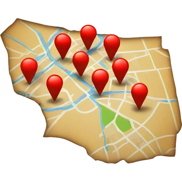 A map with 5 red pins emoji