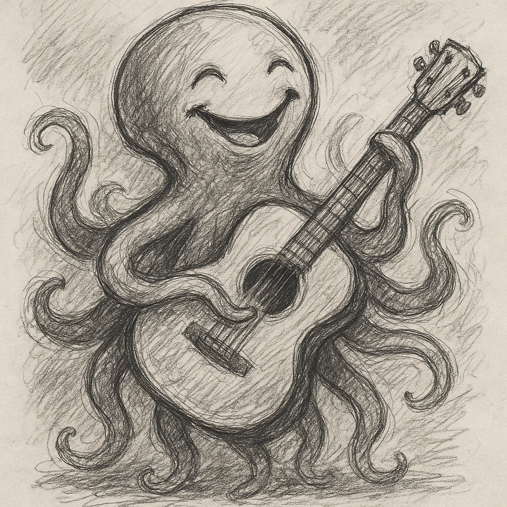 happy octopus with multiple arms playing guitar emoji