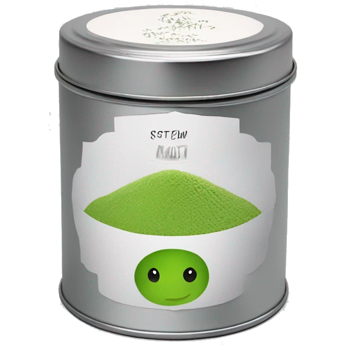 matcha scented candle in a silver tin with a small white label realistic emoji