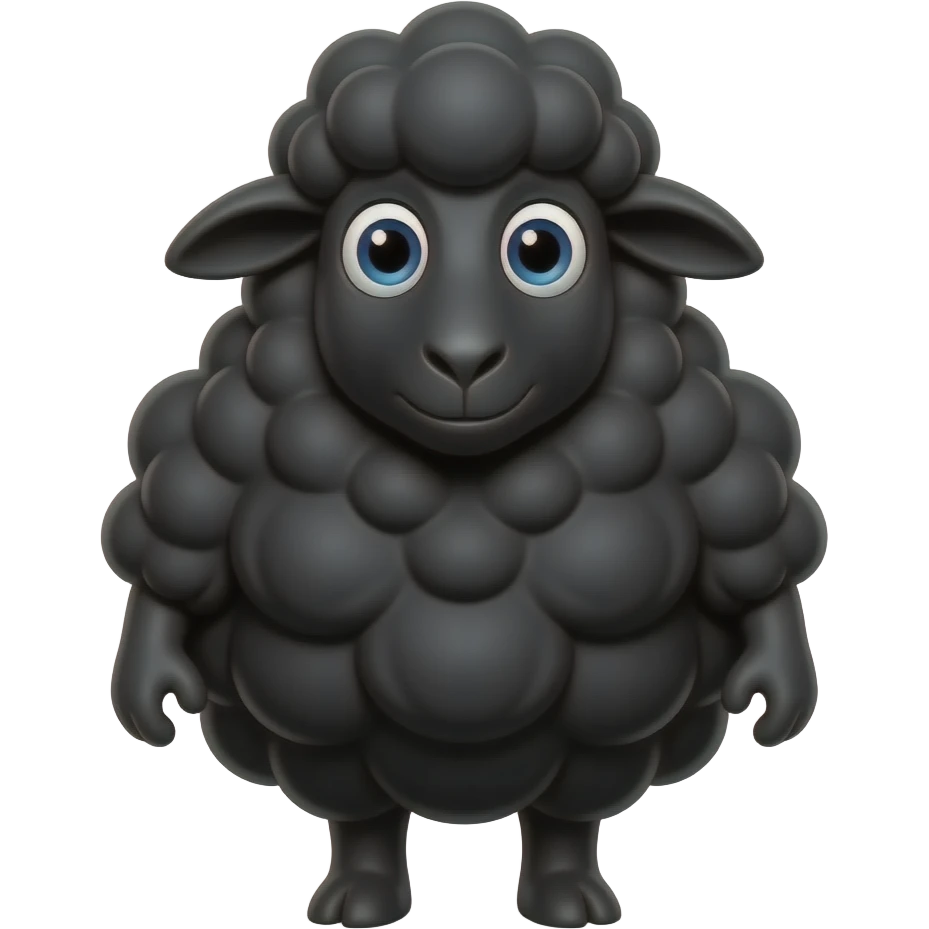 Black Sheep Bar & Grill: 3D pixar-style emoji style, glossy surface, soft shadows, white background, centered, no text, cute black sheep character, fluffy wool, friendly confident expression, no defined gender emoji