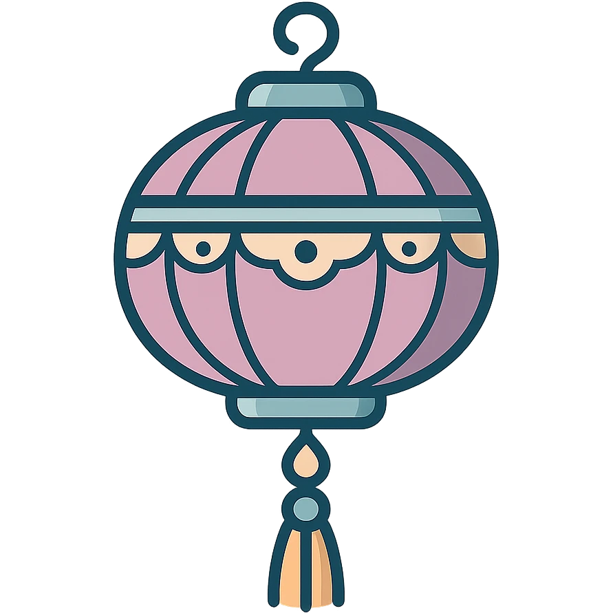 Chinese lantern, icon-color-outlined style, thin clean outlines, soft rounded shapes, pastel palette #98B5BC, #B5B3C1, #C9A3C9, #E4C0CA, #F7DCD1, #F7C0AA, detailed shadows and highlights, soft lighting, transparent background, elegant and unusual, with decorative elements, tassels, patterns, pendants, oriental style emoji