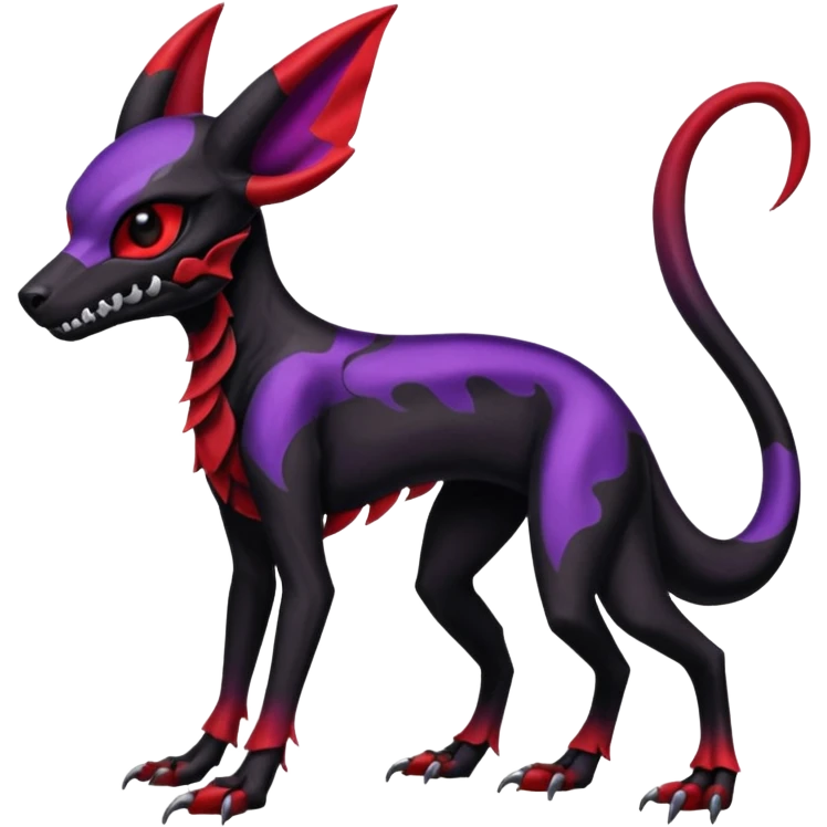 Gothic Black red purple Scaley Exotic Salandit-Umbreon-Noibat-Houndoom-Fakémon-hybrid-creature (full body), 4 legs, skull face mask emoji