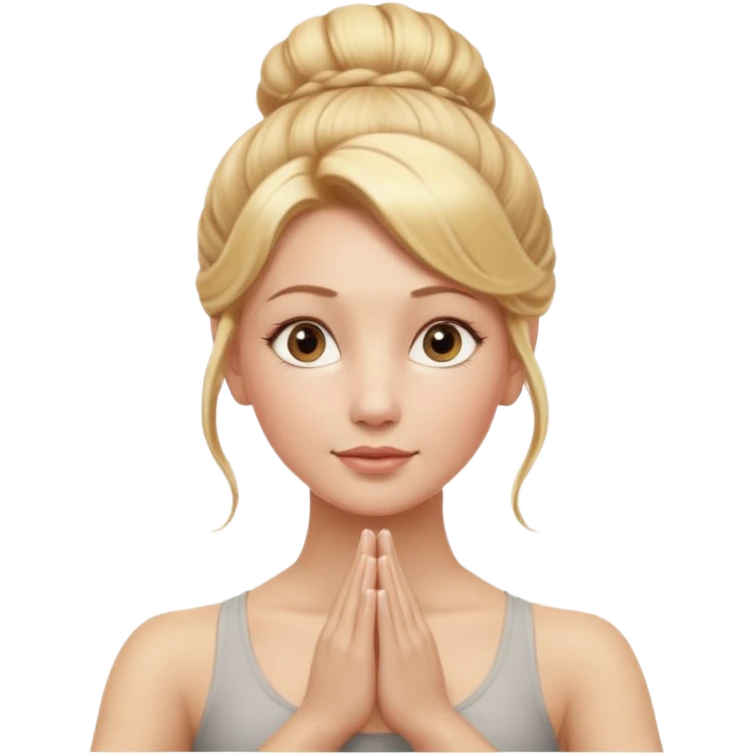 Cinematic Realistic yoga Portrait, depicted with lifelike skin texture, subtle rosy undertones, and soft natural lighting that enhances the gentle contours of her face. Her intricately detailed golden blonde hair is elegantly styled in an updo, emoji