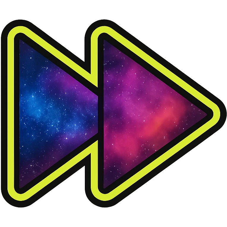 next song icon, two right-pointing triangles filled with vibrant moving galaxy, neon yellow or green glowing border emoji
