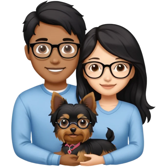 “An Asian girl with long, wavy black hair flowing freely stands beside her smiling boyfriend—a brown-skinned man with a middle part hairstyle and glasses. They are holding a small Yorkshire Terrier together.” emoji