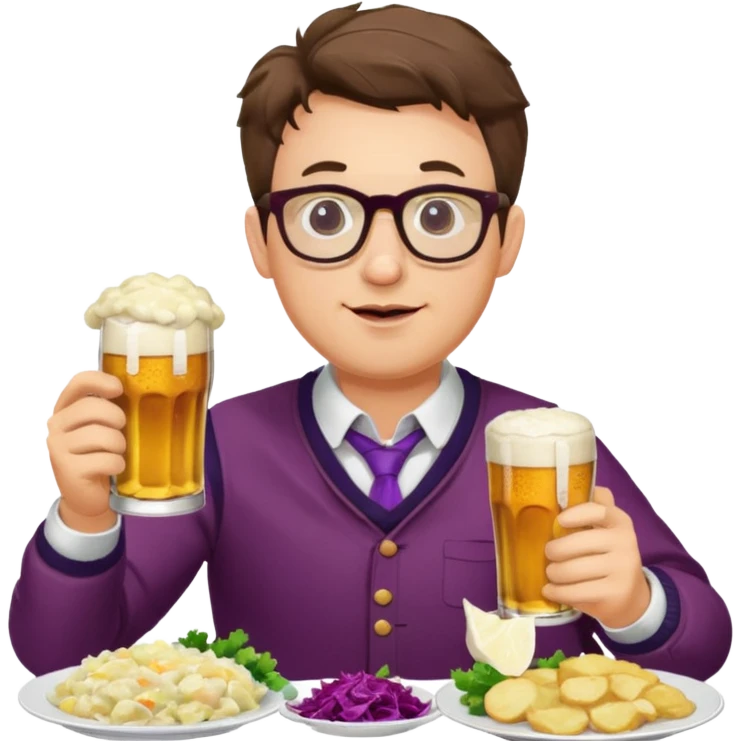 Man with glasses german eating schnitzel, red cabbage, sauerkraut, potato salad, and beer emoji