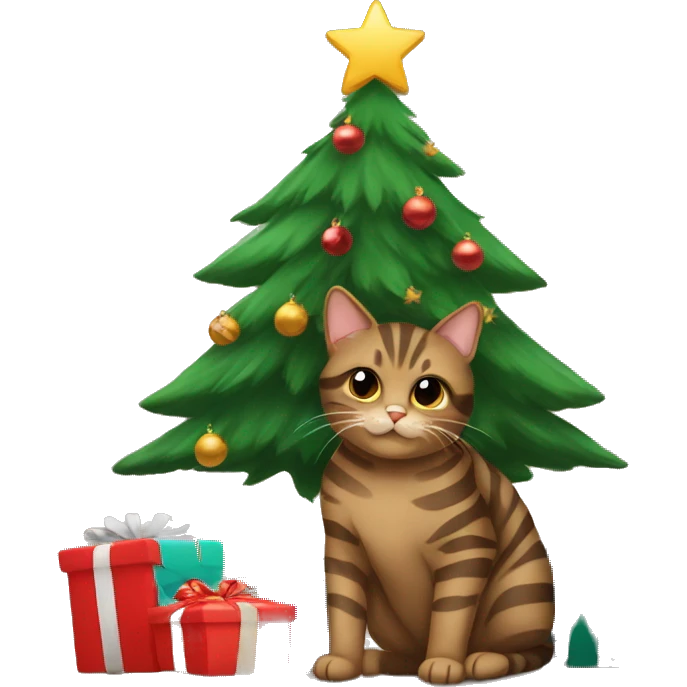 Brown striped cat sitting under a Christmas tree  emoji