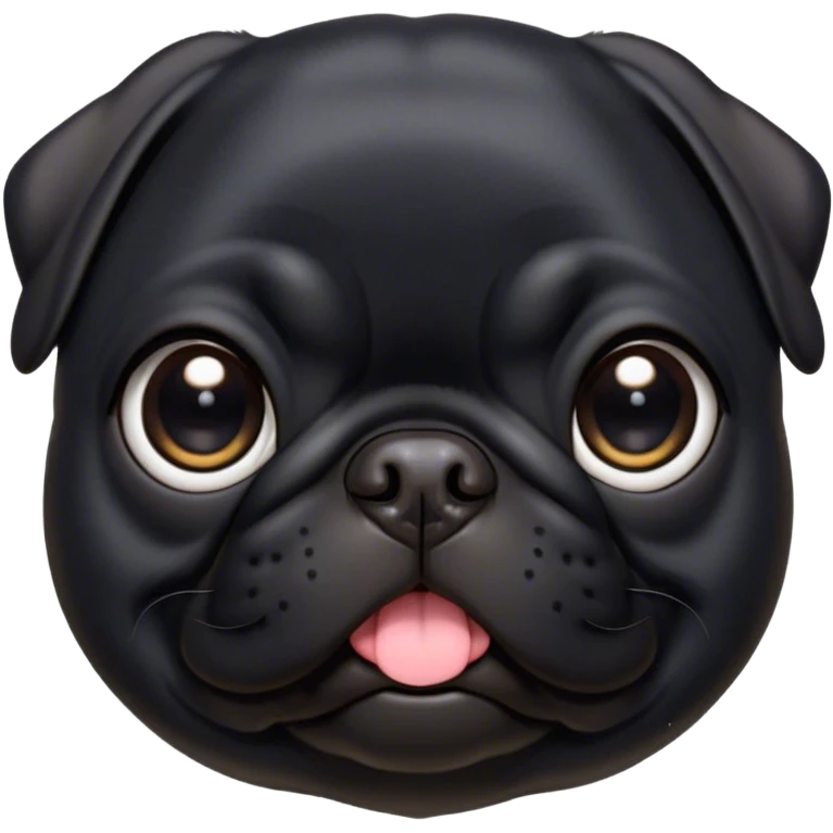Cinematic Cute Black Pug Portrait Emoji, Head tilted playfully and inquisitively, featuring a glossy black coat with a smooth finish, round, sparkling dark eyes filled with curiosity, Simplified yet irresistibly adorable features, highly detailed, glowing with a warm, friendly glow, high shine, affectionate and lively, stylized with a touch of whimsy, bright and endearing, soft glowing outline, capturing the essence of a mischievous yet loving pup, so playful it feels like it could bounce out of the screen and into your arms! emoji