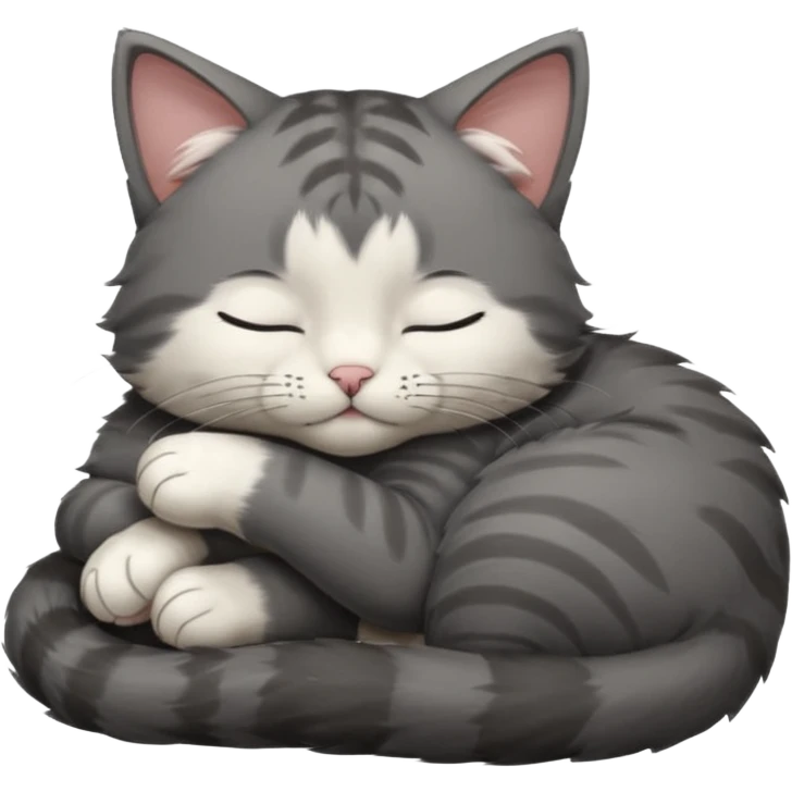 dark grey and white small cat with closed eyes, leaning his head on his paw while leaning on his elbow lying down emoji