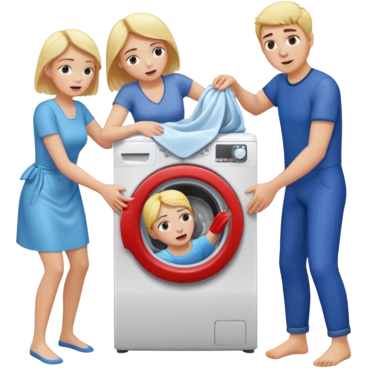 Eine Frau mit dem in der Waschmaschine feststeckt und zwei Männer die hinten an ihr ziehen um ihr zu helfen  emoji