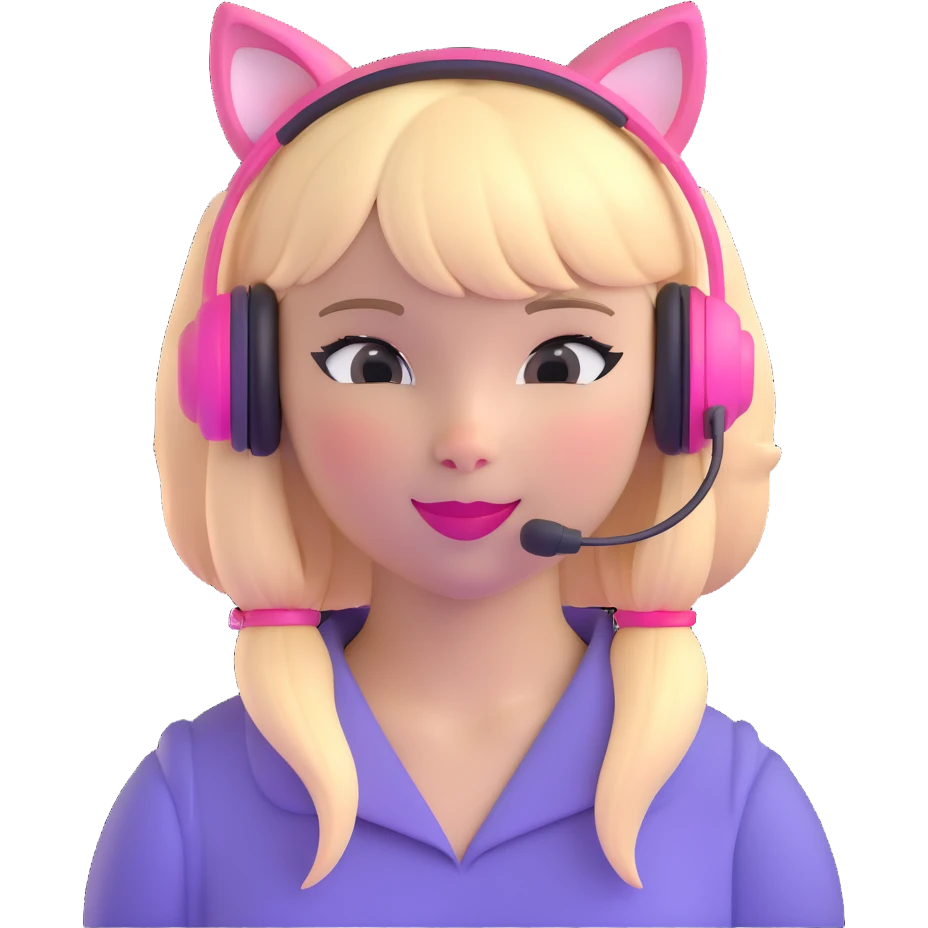 sassy blond girl with straight hair, short bangs, pink kitty-ear headset, pink lips, winking emoji