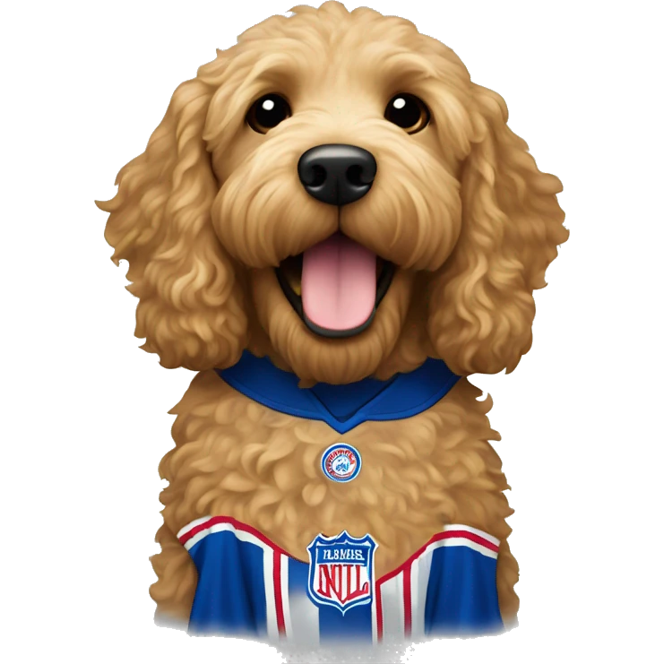 Golden Labradoodle wearing Rangers jersey emoji