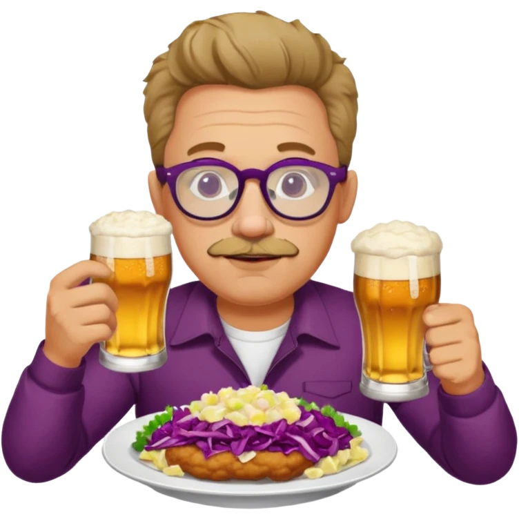 Man with wire framed glasses german eating schnitzel, red cabbage, sauerkraut, potato salad, and beer emoji