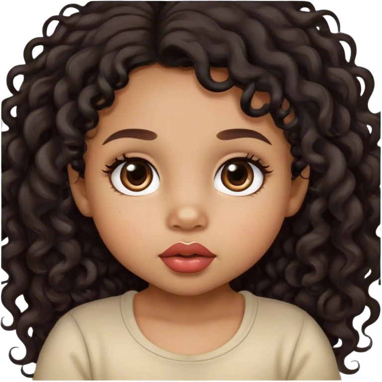 light brown skin tone, very adorable toddler, with big plump lips, long long lashes, black curly long hair, brown eyes emoji
