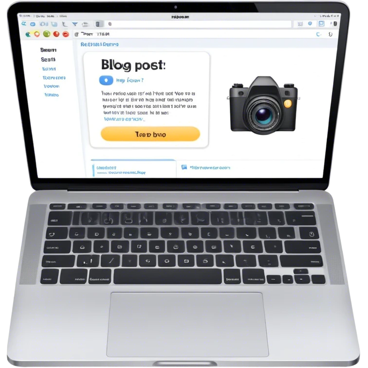 Create an emoji representing blogging. The design should feature an open laptop with a visible blog post on the screen, showing text. Add a photo or video camera to emphasize multimedia content. Do not include any emojis or smiley faces. Make the background transparent. emoji