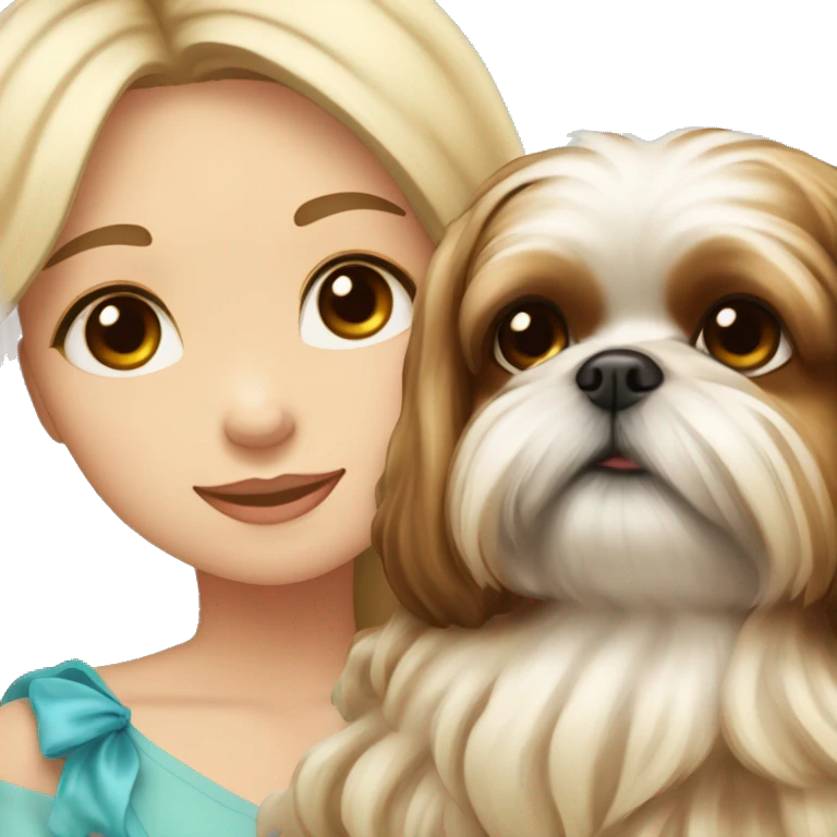 human girl with long wavy brown hair hugging a blonde colored shih tzu girl with bow emoji
