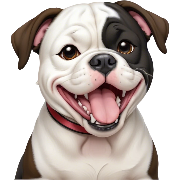 Cinematic Cute Yawning Black and White American Bulldog Portrait Emoji, Head tilted slightly with a dramatic, wide-open yawn, short black and white fur with a velvety texture, floppy ears slightly drooping, round brown eyes barely open in drowsy contentment, Simplified yet irresistibly adorable features, highly detailed, glowing with a soft, cozy glow, high shine, relaxed yet expressive, stylized with a touch of whimsy, bright and endearing, soft glowing outline, capturing the essence of a sleepy yet affectionate pup, so drowsy it feels like it could stretch right out of the screen and curl up for a nap! emoji