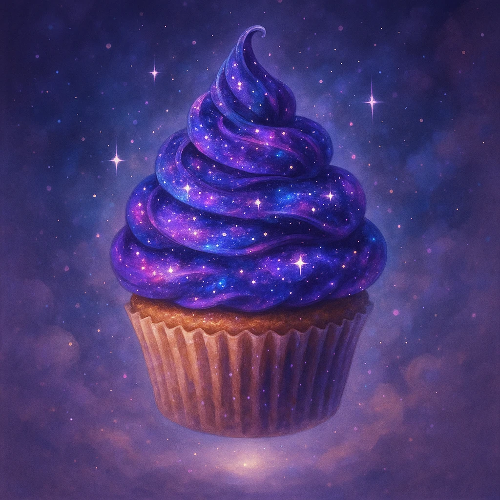 magical cupcake floating in the air, topped with swirling galaxy-themed icing, sparkling stars and cosmic colors, dreamy and whimsical emoji