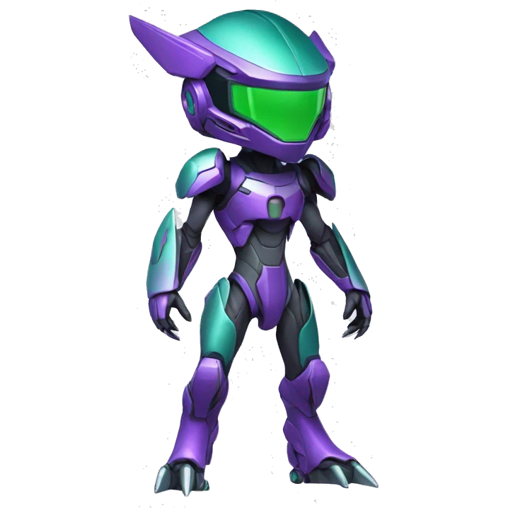 a chibi-style purple-green Genesect-Raptor-Fakémon—hybrid with a futuristic visor-helmet full body emoji