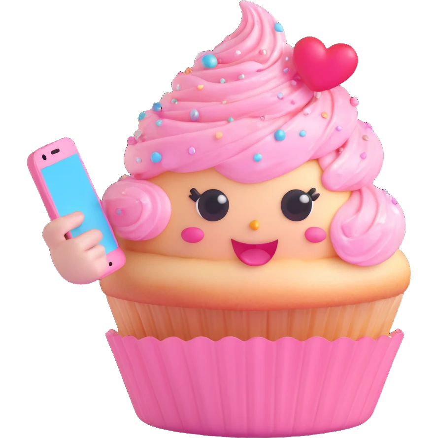 adorable 3D kawaii cupcake with pastel swirled frosting, glossy cherry, big sparkling eyes, tiny hands holding a phone, making a duckface selfie, hearts and sparkles on frosting, pastel pink polka dot wrapper, smug pose, floating sparkles, soft shadows, high resolution emoji