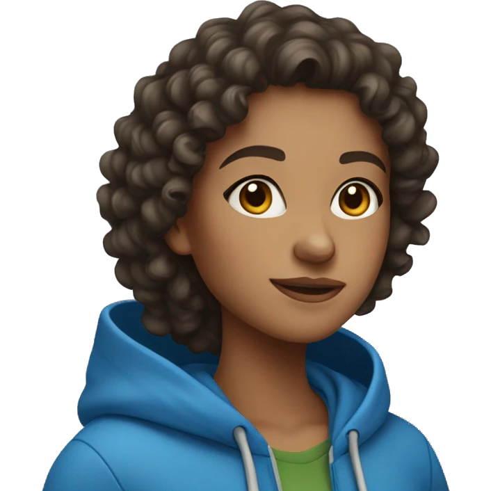 Brunette Girl wearing a blue hoodie curly hair emoji