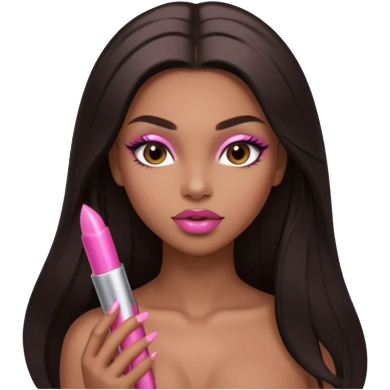Glamourous, light brown skin tone, very beautiful nude girl, with big plump pink shiny lips, long long lashes, black straight smooth silky long hair, straight parting hair, brown eyes, muscled nude body emoji