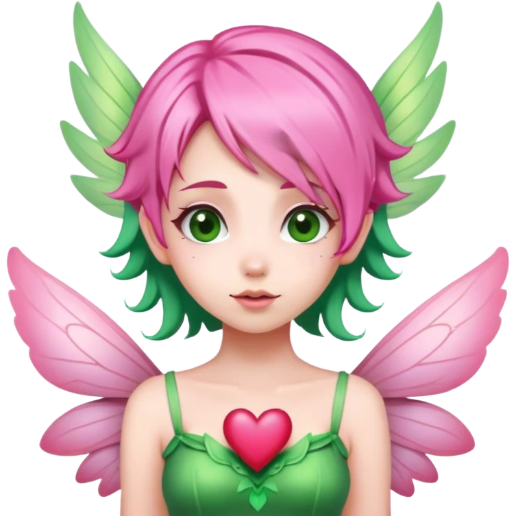 pink hair, pink wing fairy in green dress hearts emoji