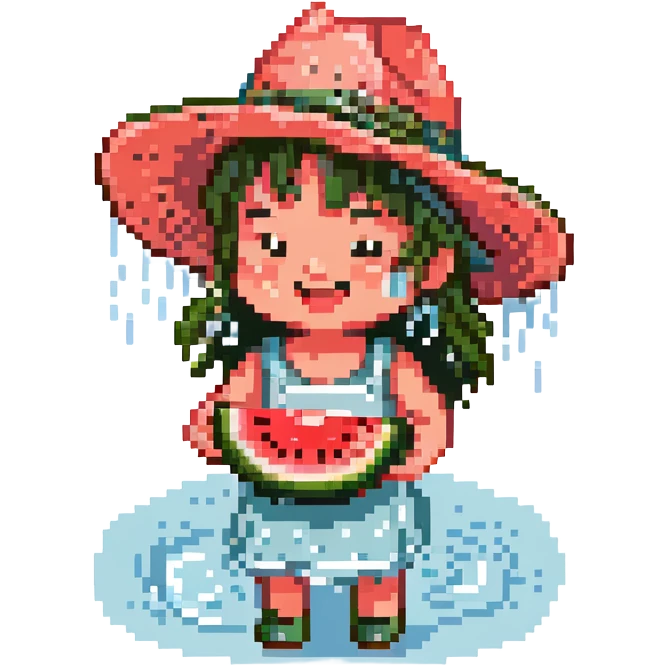 happy kid with a wide-brimmed hat enjoying watermelon, river sparkles, water droplets, pixel art, summer scene emoji