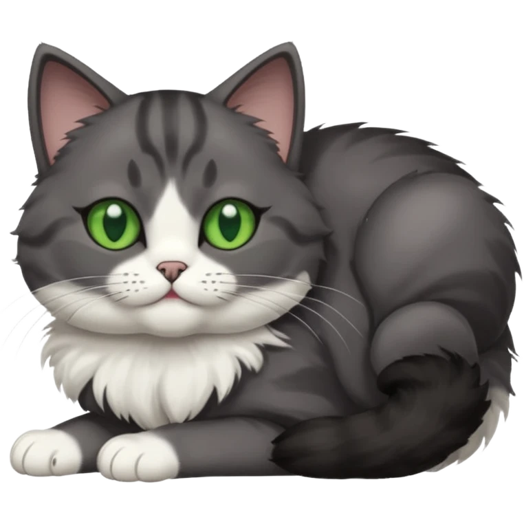 dark grey cat with green eyes, white toes/paws and white patch on her chest playfully rolling upside down emoji