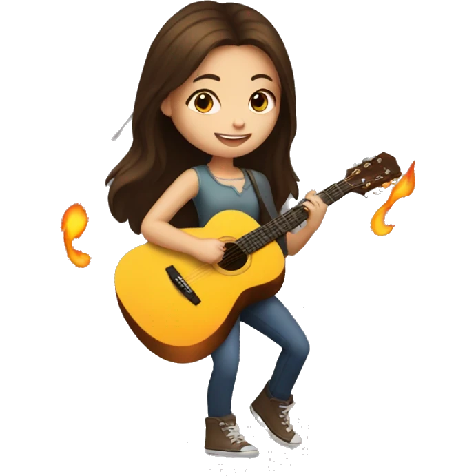 Brunette girl playing an acoustic guitar with fire around her emoji
