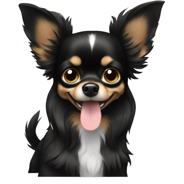 Long haired Black Chihuahua giving peace sign emoji